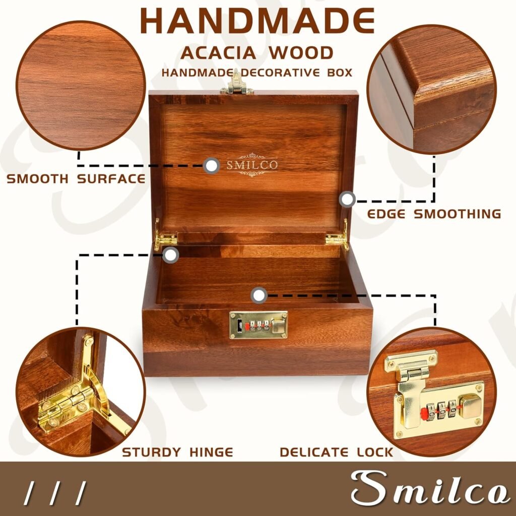 Smilco Wooden Box with Hinged Lid Acacia Wood Decorative Storage Boxes with Combination Lock Hand-Crafted Wooden Box for Recipes box or as Keepsake