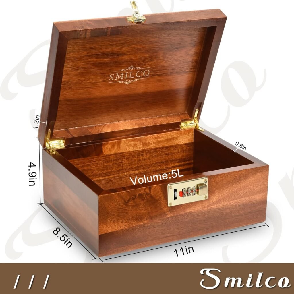 Smilco Wooden Box with Hinged Lid Acacia Wood Decorative Storage Boxes with Combination Lock Hand-Crafted Wooden Box for Recipes box or as Keepsake