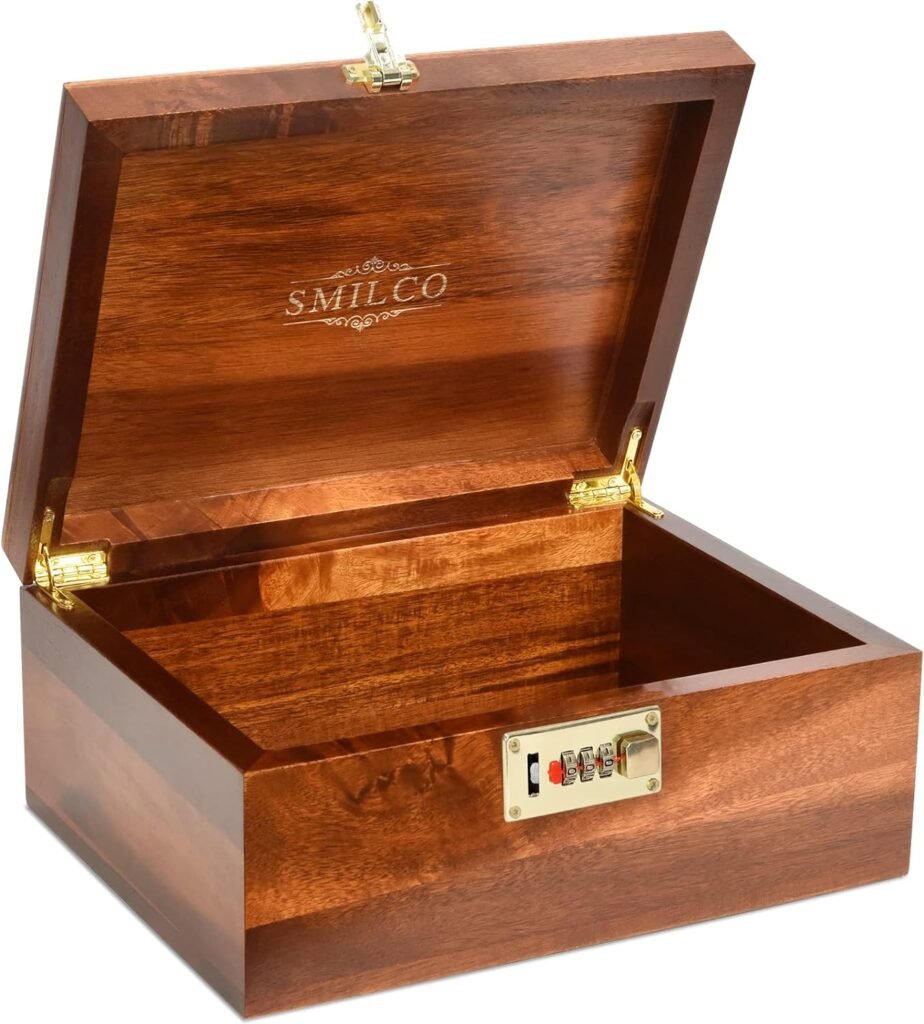 Smilco Wooden Box with Hinged Lid Acacia Wood Decorative Storage Boxes with Combination Lock Hand-Crafted Wooden Box for Recipes box or as Keepsake